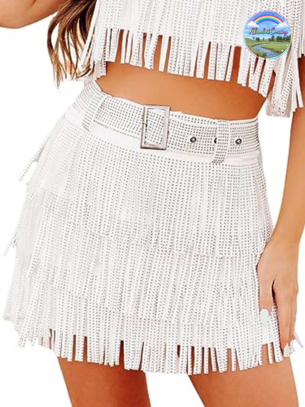 Sparkle Rhinestone Fringe Mini Skirt Elastic Waist Adjustable Removable Belt